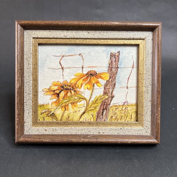 Vtg Black-Eyed Susan Painting-3.5×4.5 Signed F.S.,Rustic Frame,Mini Floral Art - Picture 1 of 7